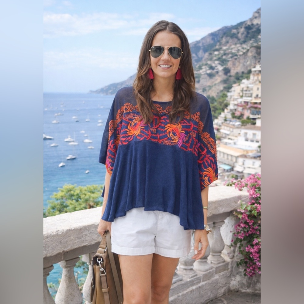 Free People Navy Embroidered Boho Blouse | Love Letter Knit Top | XS